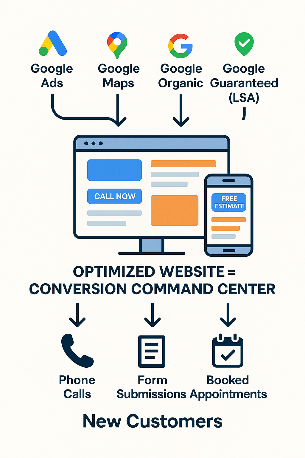 Alt Text: A flowchart diagram showing a digital marketing funnel where traffic from Google Ads, Google Maps, Google Organic, and Google Guaranteed (LSA) is directed to an "Optimized Website - Conversion Command Center" and converted into "New Customers" through phone calls, form submissions, and booked appointments.