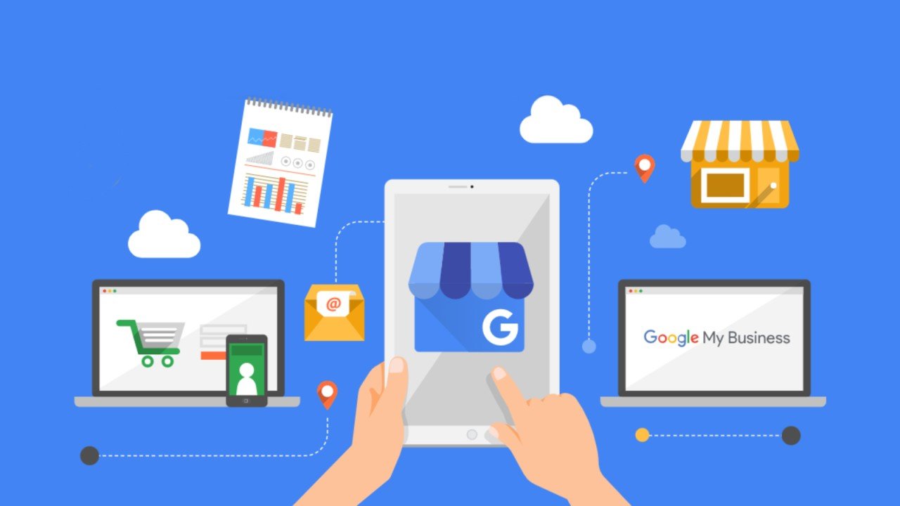 Illustration of a person using a tablet to access Google My Business, with a laptop showing a shopping cart on one side and another laptop showing the Google My Business logo on the other, surrounded by icons for a storefront, data reports, and email.