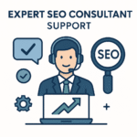 An illustration of an SEO consultant wearing a headset, positioned behind a laptop showing a growth chart. The consultant is surrounded by icons including a checkmark in a speech bubble, a magnifying glass with the text "SEO," and a gear. The text above reads "EXPERT SEO CONSULTANT SUPPORT."