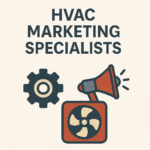 An illustration showing a dark gray gear icon next to an HVAC fan unit icon with a red and gray megaphone on top. Above them, the text reads "HVAC MARKETING SPECIALISTS."