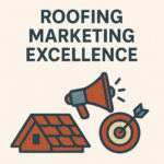 An illustration showing an orange and gray house icon with a roof, a red and gray megaphone icon, and a bullseye target with an arrow in the center. Above them, the text reads "ROOFING MARKETING EXCELLENCE."