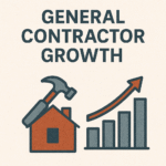 An illustration showing an orange house icon with a gray and orange hammer on its roof, next to a bar chart icon with an upward-trending arrow. The text above reads "GENERAL CONTRACTOR GROWTH."
