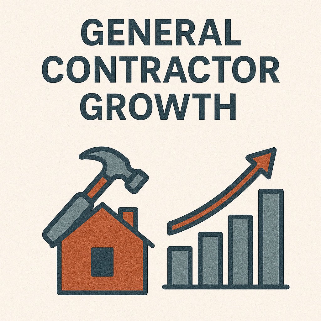 An illustration showing an orange house icon with a gray and orange hammer on its roof, next to a bar chart icon with an upward-trending arrow. The text above reads "GENERAL CONTRACTOR GROWTH."