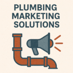 An illustration showing an orange and dark blue plumbing pipe icon next to a gray and orange megaphone icon. Above them, the text reads "PLUMBING MARKETING SOLUTIONS."
