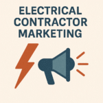An illustration showing an orange lightning bolt icon next to a dark blue megaphone icon. Above them, the text reads "ELECTRICAL CONTRACTOR MARKETING."