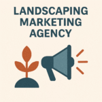 An illustration showing a dark blue and orange sprout icon next to a dark blue megaphone icon. Above them, the text reads "LANDSCAPING MARKETING AGENCY."