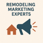 An illustration showing an orange house icon next to a dark blue megaphone icon. Above them, the text reads "REMODELING MARKETING EXPERTS."