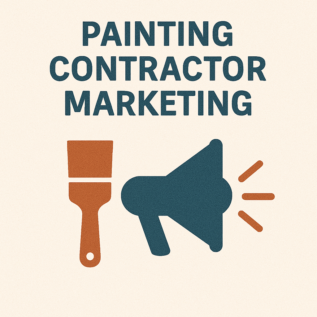 An illustration showing an orange icon of a paintbrush next to a dark blue megaphone icon. Above them, the text reads "PAINTING CONTRACTOR MARKETING."