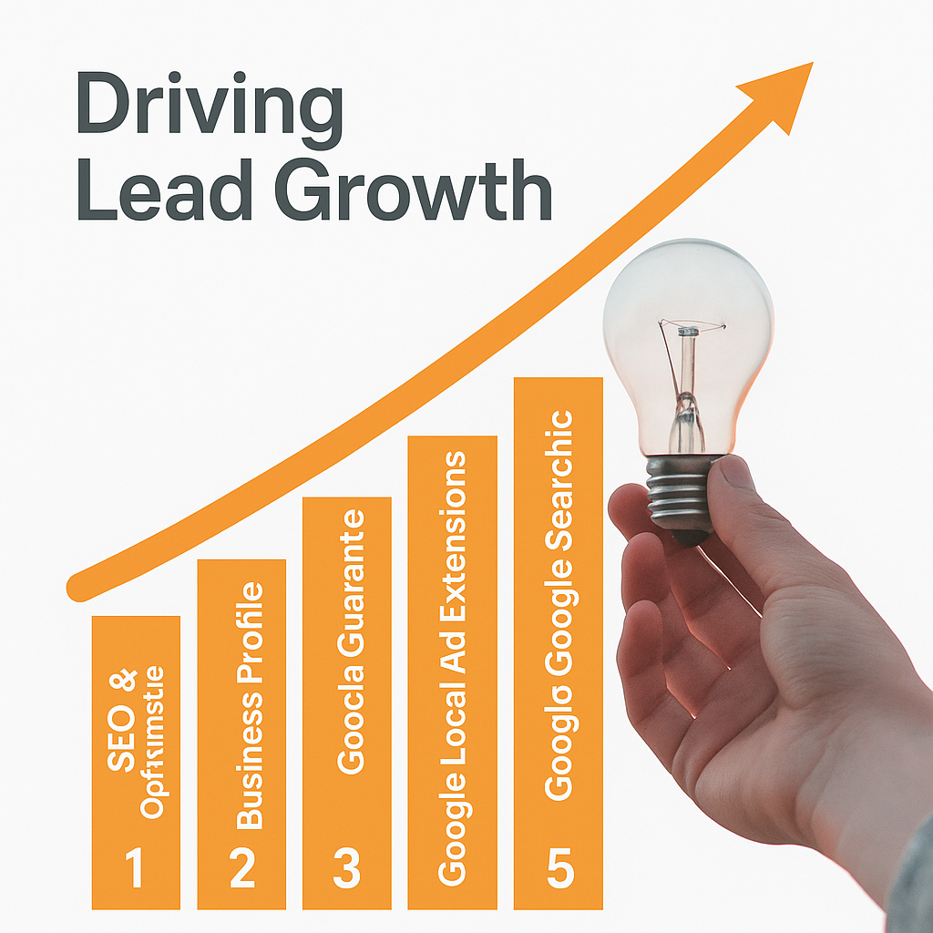 An infographic showing a hand holding a light bulb, representing an idea, next to a five-step bar chart with an upward-trending arrow. The bars are labeled with texts such as "SEO & Optimistie," "Business Profile," "Goocla Guarante," "Google Local Ad Extensions," and "Googlo Google Searchic."