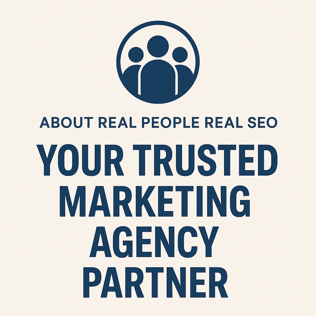 A dark blue icon of three silhouettes of people inside a circle, with the text "ABOUT REAL PEOPLE REAL SEO" and "YOUR TRUSTED MARKETING AGENCY PARTNER" below it, on a light background.
