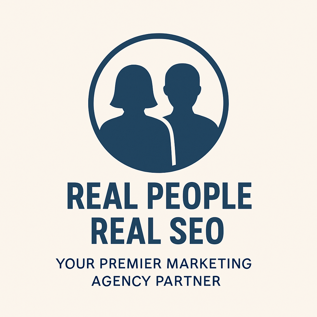 A dark blue icon of two silhouettes, one male and one female, inside a circle. The text below reads, "REAL PEOPLE REAL SEO" and "YOUR PREMIER MARKETING AGENCY PARTNER."
