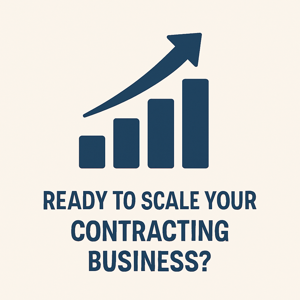 A dark blue bar chart icon with an upward-trending arrow, and the text "READY TO SCALE YOUR CONTRACTING BUSINESS?" below it, on a light beige background.