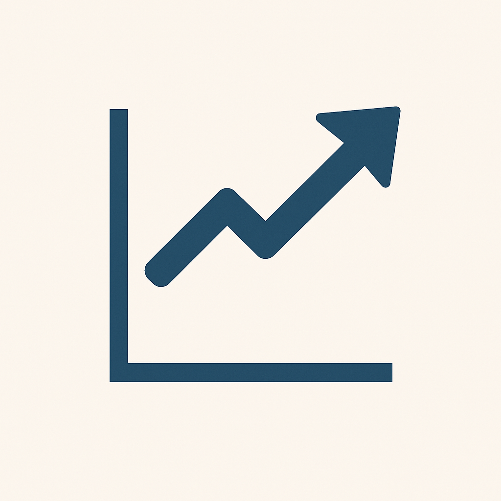 A simple, dark blue line graph icon showing an upward trend with an arrow at the end, set against a light beige background.