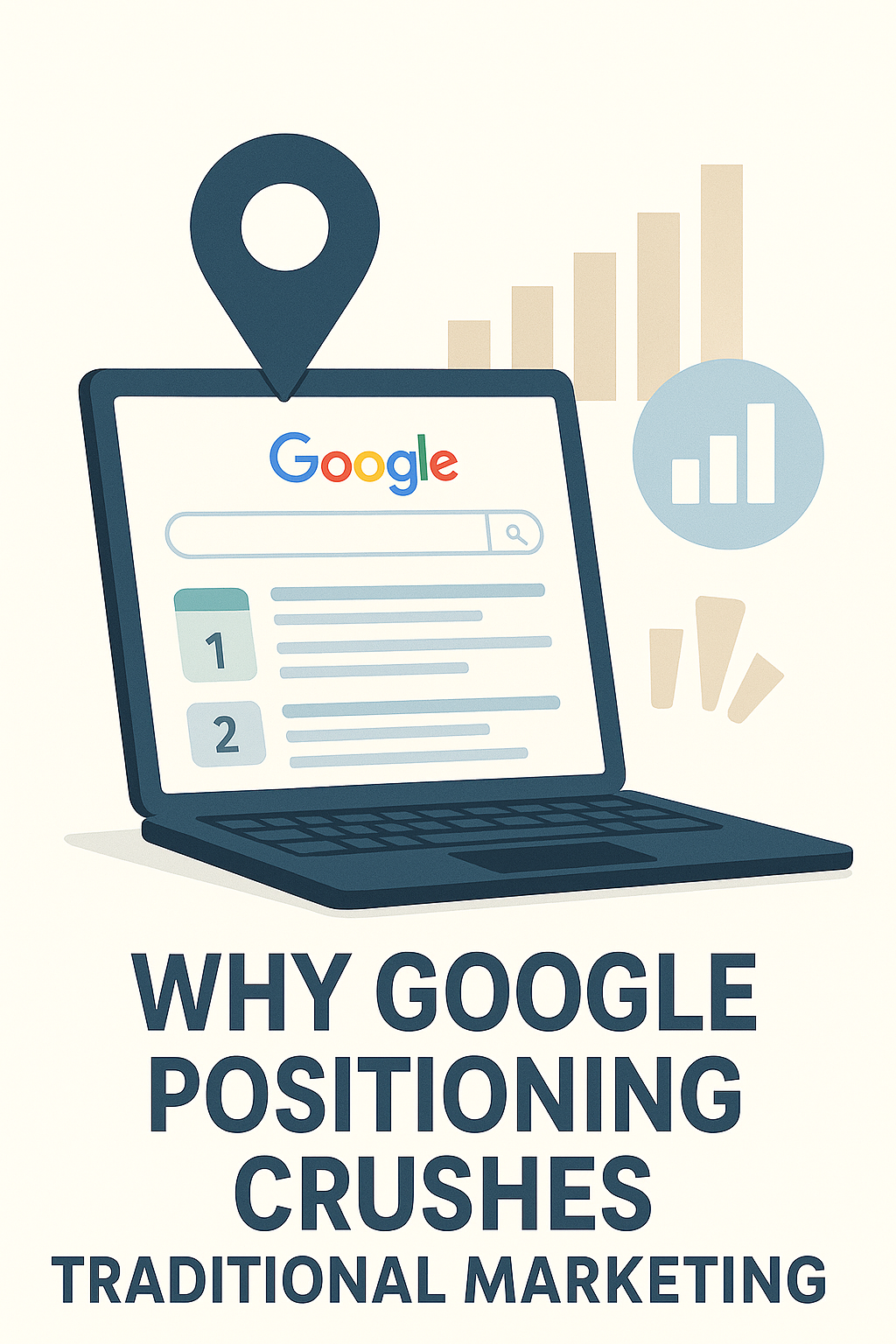 n illustration of a laptop showing a Google search results page with a location pin above it. Bar charts representing data and growth are shown in the background. Text at the bottom reads, "WHY GOOGLE POSITIONING CRUSHES TRADITIONAL MARKETING."