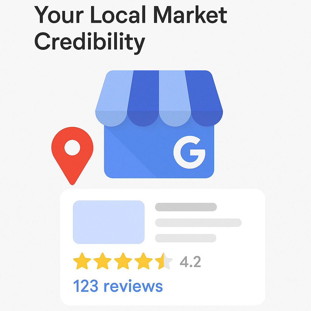 An illustration showing the concept of local market credibility. A large graphic of a storefront with a blue awning and a white 'G' logo is central, representing a Google Business Profile. To the left is a red map pin icon. Below these, a card-like interface displays a five-star rating with four full yellow stars and one half-star, a rating of 4.2, and the text "123 reviews." The text "Your Local Market Credibility" is at the top of the image.