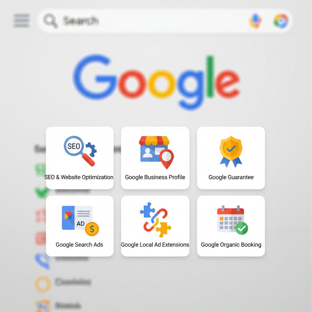 A graphic showing six square icons against a blurred background of a Google search page. The icons represent key Google marketing tools. From top left to right, they are: a magnifying glass with "SEO" text, labeled "SEO & Website Optimization"; a storefront with a map pin, labeled "Google Business Profile"; a shield with a checkmark, labeled "Google Guarantee." Below these, from left to right, are: a document with an "AD" label and a dollar sign, labeled "Google Search Ads"; two interconnected puzzle pieces, labeled "Google Local Ad Extensions"; and a calendar with a checkmark, labeled "Google Organic Booking."