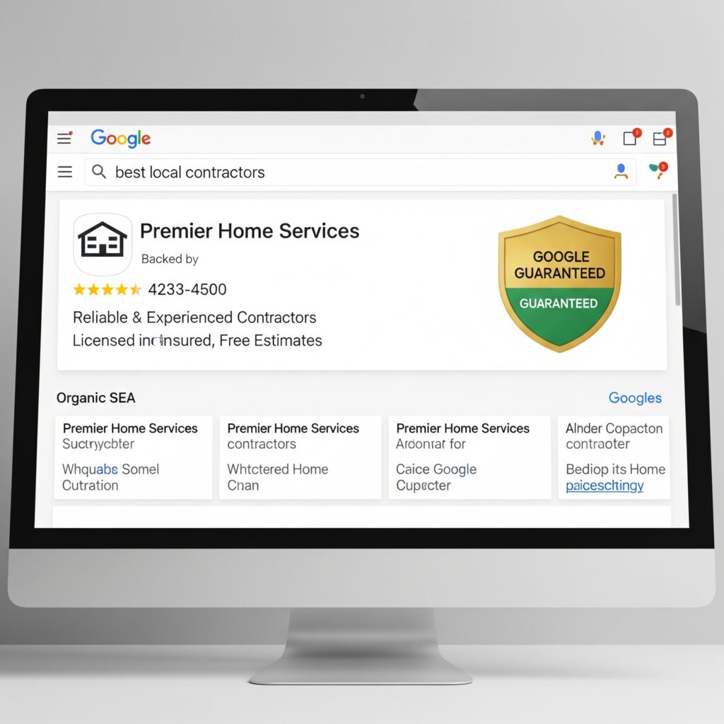 A desktop computer monitor displaying a Google search results page for "best local contractors." The screen shows a prominent listing for a business named "Premier Home Services." The listing features a 5-star rating, a phone number, and a description mentioning "Reliable & Experienced Contractors" and being "Licensed & Insured." To the right of the listing is a large, green and gold shield icon with a checkmark, labeled "GOOGLE GUARANTEED." Below this main listing, there are smaller, more traditional organic search results.