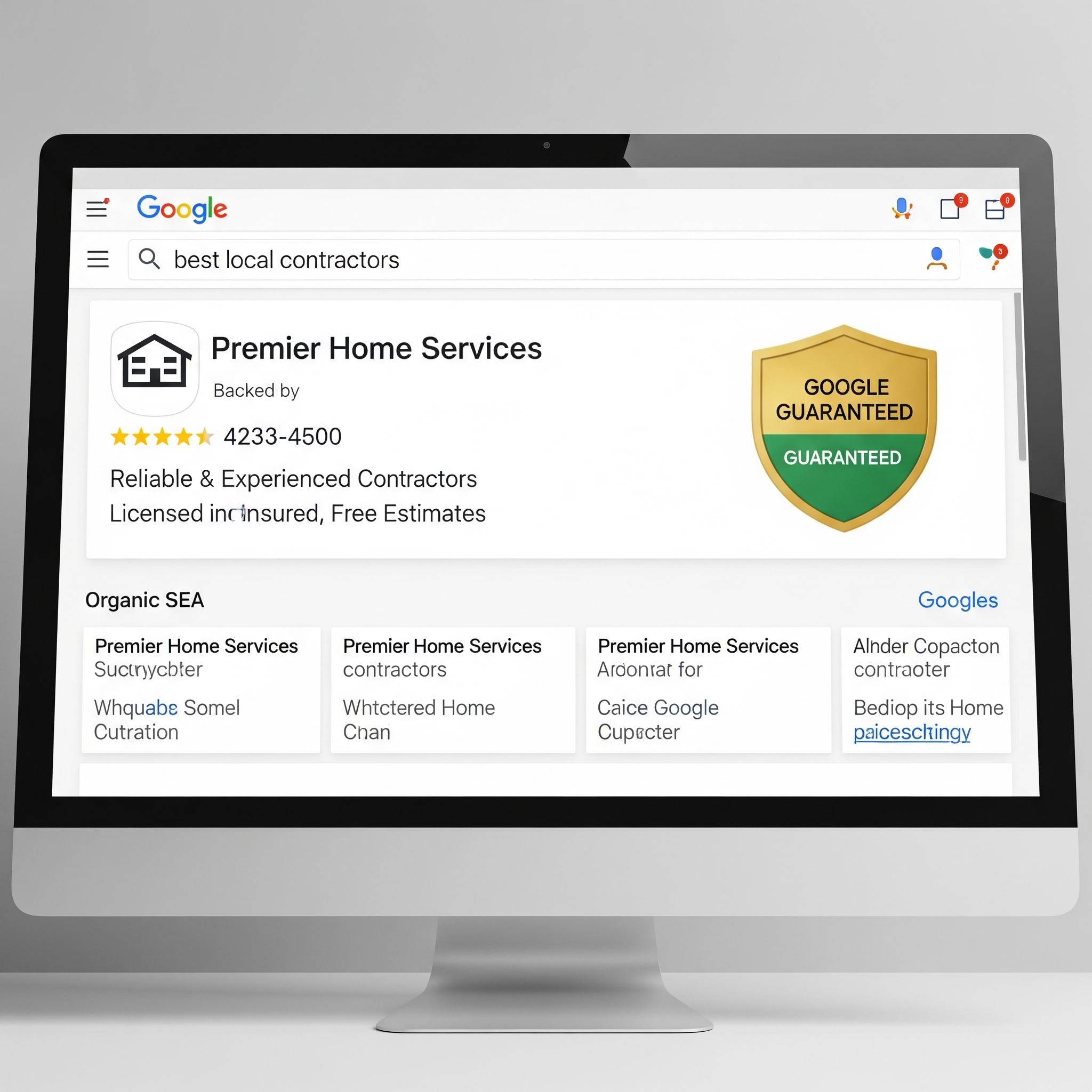 A desktop computer monitor displaying a Google search results page for "best local contractors." The screen shows a prominent listing for a business named "Premier Home Services." The listing features a 5-star rating, a phone number, and a description mentioning "Reliable & Experienced Contractors" and being "Licensed & Insured." To the right of the listing is a large, green and gold shield icon with a checkmark, labeled "GOOGLE GUARANTEED." Below this main listing, there are smaller, more traditional organic search results.
