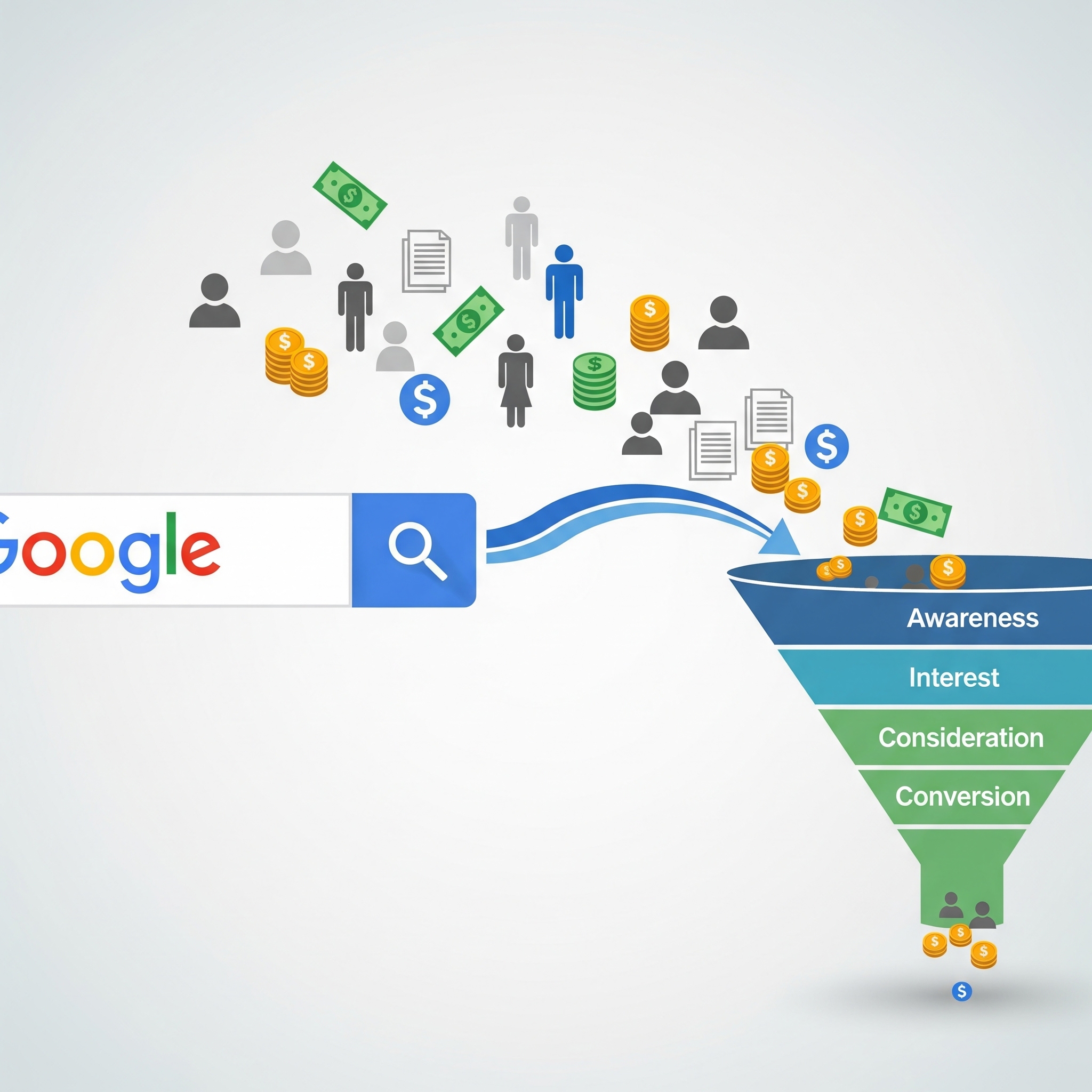 An infographic illustrating the marketing funnel starting from a Google search. A search bar with the Google logo is on the left. A magnifying glass icon serves as the entry point to a stream of icons representing people, money, and documents. This stream flows into a large, four-tiered funnel. The tiers are labeled, from top to bottom: "Awareness," "Interest," "Consideration," and "Conversion." Money icons are shown at each stage, with a final flow of money icons exiting the bottom of the funnel, representing a successful conversion.
