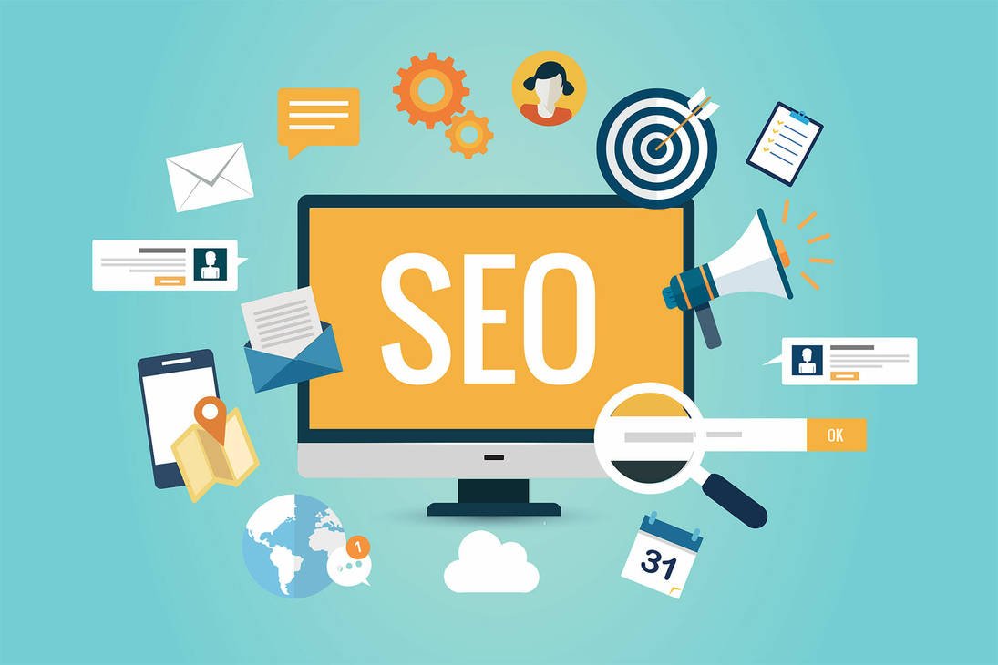 Illustration of a desktop computer with the letters "SEO" on the screen, surrounded by various icons representing digital marketing concepts like gears, a bullseye target, a calendar, a magnifying glass, a megaphone, a mobile phone, and an envelope.